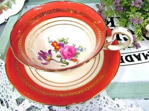 AYNSLEY Teetasse und Untertasse ORANGE und rosa Rose Teetasse niedrig Doris Form 20er - Bild 1 von 9