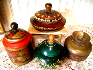 4 Antique 19c Peaseware Pease(?) Turned Wooden Spice Jars Box Treenware - Picture 1 of 20