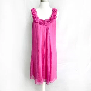 Anthropologie La La Lamé Dress sz M Pink Silk Chiffon Rosettes Lined Zsa Zsa - Picture 1 of 8