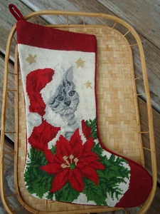 Vintage grau gestreift Katze Nadelspitze Strumpf rot Samt Rücken Weihnachtsstern Gold Stern - Bild 1 von 8