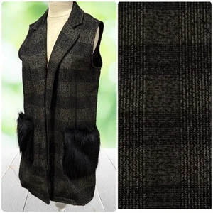 ZARA Chaleco Largo Mujer Grande Mezcla de Lana Tweed Marrón Negro Cuadros Imitación Piel Bolsillos - Imagen 1 de 13