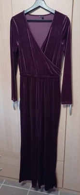 Damen Jumpsuit Overall Einteiler bordeaux Gr. S  samtig Edel Langarm V Ausschnit - Bild 1 von 2