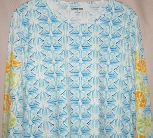 Lands End Long Sleeve Rash Guard UPF50 Sun Protection Sz. L Blue/White/Lemons - Picture 1 of 10