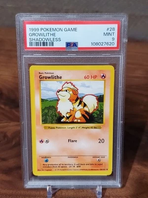 1999 Pokemon BASE SET Growlithe PSA 9 MINT 28/102 SHADOWLESS - Image 1 of 2