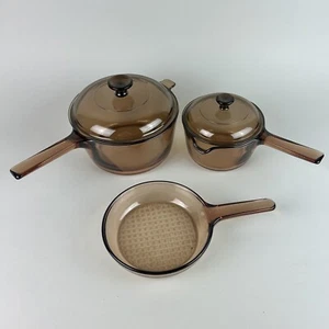 Vintage LOT Corning Pyrex Vision Amber 2.5 L & 1 L Pot w/ Lid 7" Skillet USA - Picture 1 of 24