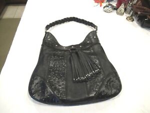 Isabella Adams black leather purse, ostrich pattern trim, braided handle