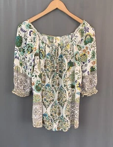 Fig & Flower Top Size Large Colorful Floral Artsy Cottage Boho Ruffle Tie Neck - Picture 1 of 18