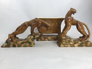 Vintage Art Deco Amber Royal Haeger Ceramic Planter & Leopard Figurine Set - Picture 1 of 12