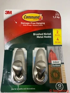 2 Command Strip Large Brushed Nickel Metal Hook Damage Free Hanging - New - Picture 1 of 2