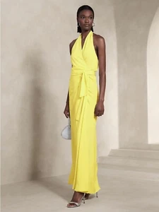 Banana Republic BETTINA SATIN HALTER MAXI DRESS, Yellow SIZE LT L T #799879 Y010 - Picture 1 of 4