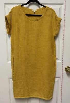 Vestido Eileen Fisher XS mostarda algodão orgânico cru bainha baixa bolsos mangas algemadas - Imagem 1 de 4