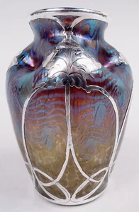 Loetz Vase Antique Art Nouveau Austrian Iridescent Glass American Silver Overlay - Picture 1 of 9