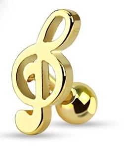 Knorpel/Tragus Ohr Musik Note Gold IP 16 Stärke 1/4" 12 mm - Bild 1 von 3