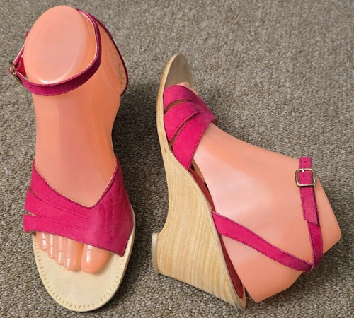 JORDAN Sandali alla caviglia Charles Jourdan marrone zeppa tacco legno rosa caldo taglia 8 5 B LEGGI