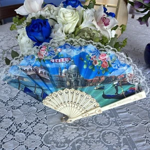 Lady's Hand Fan Blue/Gold with Lace Trim Fabric Venice Italy Venezia Vintage - Picture 1 of 12