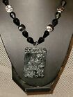 Black Glass Bead Necklace Rhinestone W Obsidian Carving Necklace