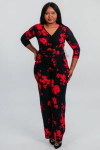 Jumpsuit Damen rot schön Blumenmuster 3/4 Ärmel V-Ausschnitt Stoff Gürtel - Bild 1 von 5