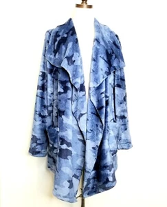 Susan Graver Weekend Cozy Fluffly Blue Camouflage Relaxed Waterfall Cardigan, MP - Picture 1 of 8
