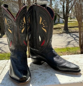 Vintage Acme Shorty Black Cowboy Boots Flower Blossom Inlay 8.5 M USA - Picture 1 of 9
