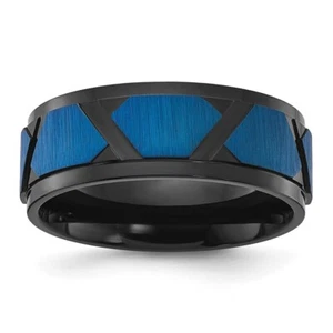 Titanium Brushed and Polished Black and Blue IP-plated 8mm Band Ring Size 10 - Picture 1 of 5