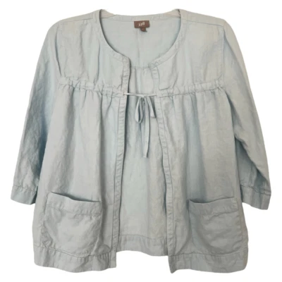J. Jill Collarless Linen Jacket Medium Blue Beachy Coastal Top Pockets Old Money - Image 1 of 4