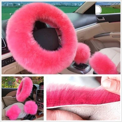 A Set Pink Natural Fur Car Steering Wheel+Gear Knob Shifter+Parking Brake Cover - Image 1 of 4
