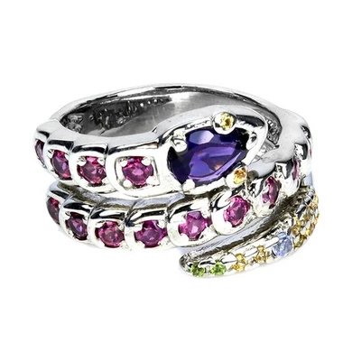 925 Sterling Silver Ring with Pear-Shaped Amethyst, Rhodolite, and Sapphire... - Image 1 of 4