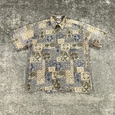 Pierre Cardin Shirt Mens Large L Brown Blue Floral Pineapple Hawaiian 90s Aloha - Image 1 of 4