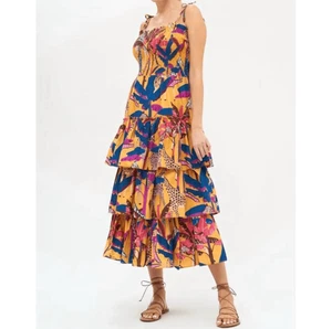 Oliphant Tie Strap Tiered Midi Dress Womens Size Small Kruger Saffron Tropical - Picture 1 of 14