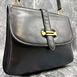Bolso de Hombro Gucci Vintage Boutique Cuero Solapa Negro Dorado Herrajes - Imagen 1 de 10