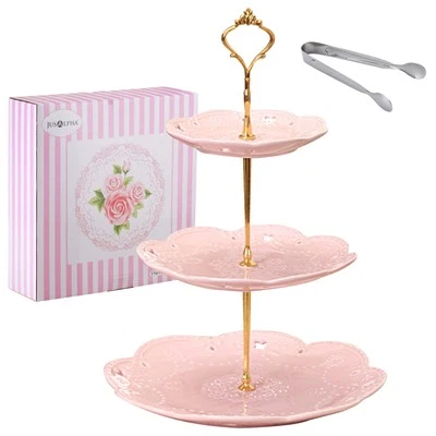 Soporte para pasteles de porcelana rosa de 3 niveles soporte para cupcakes soporte para postres fiesta de té pastelería Se Foto 1 de 4