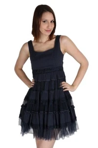 Yumi Navy Blue Mesh Lace Ribbon Empire Waist Lined Layered Tunic Dress $200 CAD - Picture 1 of 1