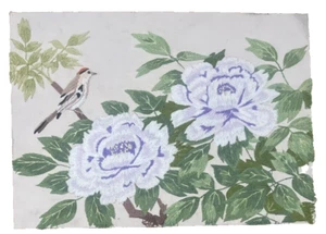 Silk Embroidered Artwork Bird Purple Flowers 13" X 19" On Wood Panel - Picture 1 of 10