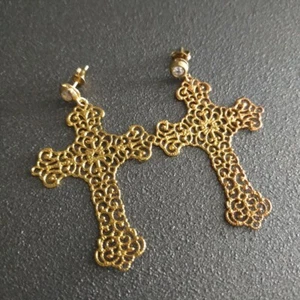 Orecchini Argento 925 Oro Zircone Croce Filigrana Ottone  - Foto 1 di 3