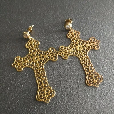 Orecchini Argento 925 Oro Zircone Croce Filigrana Ottone  - Immagine 1 di 3