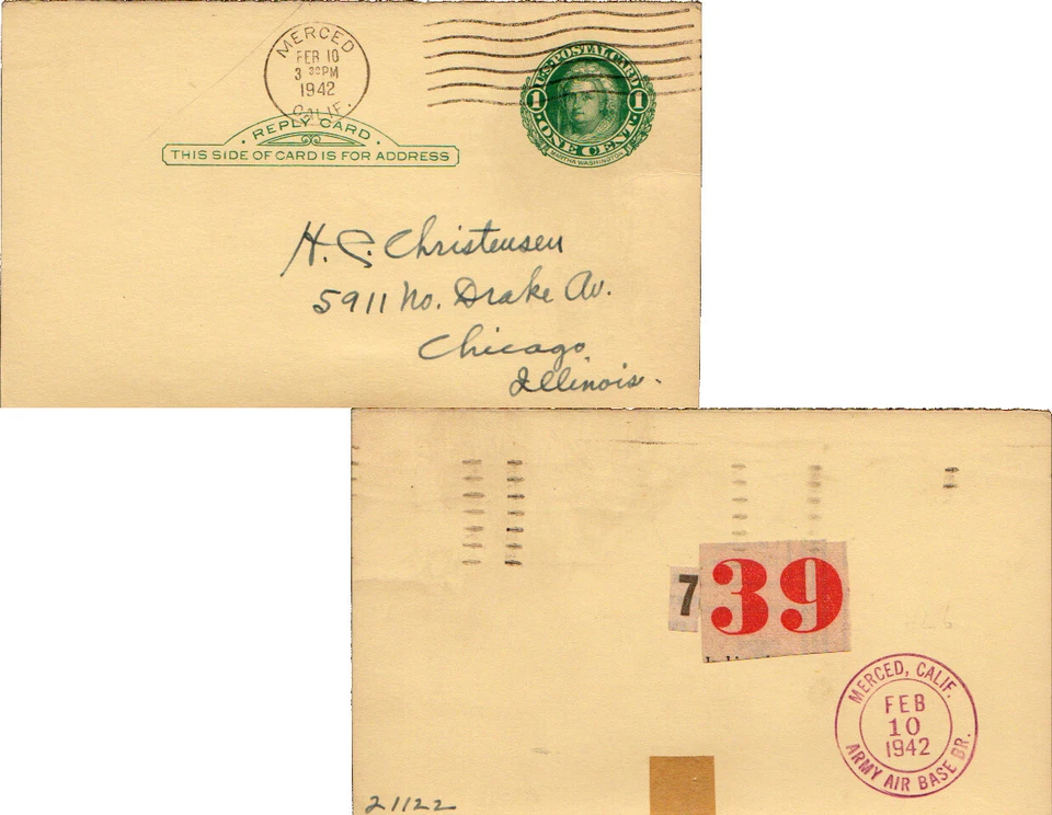 California Army Air Base Merced 1942 reverso violeta doble anillo 1942-1946 Post Foto 1 de 1