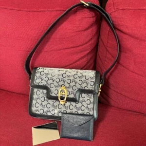 CELINE C Macadam Salky Shoulder Bag Carriage Canvas Leather USED Auth #S2078 - Picture 1 of 10