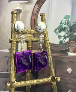 Unique NOS Purple Geometric Square Crystal bead Earrings Statement Runway drop  - Picture 1 of 3