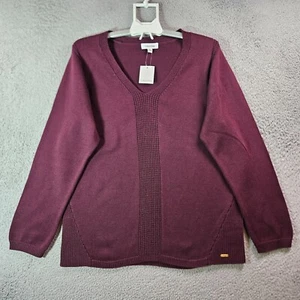 NWT Calvin Klein Sweater Women 1X V-Neck Knit Maroon Red Cotton Blend NEW - Picture 1 of 10