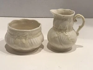 Vintage Belleek Ireland Creamer and Sugar Set 7th Mark GOLD 1980-93 “Ribbon” - Picture 1 of 6