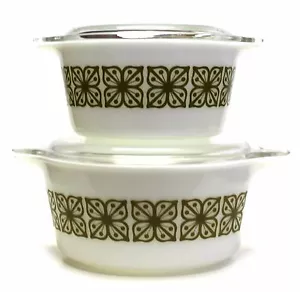 2 Vintage Pyrex Verde Grün Quadratisch Blumen Kasserolle 1,5 Quart #474 & 1 Menge #473 mit Deckel - Bild 1 von 12