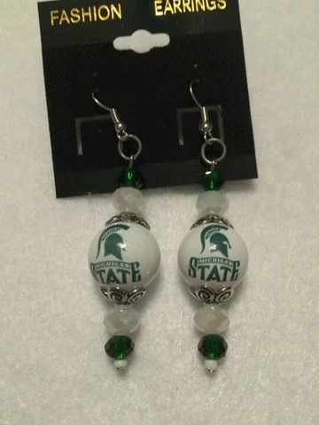 MICHIGAN STATE SPARTANS EARRINGS GLASS BEAD JEWELRY COLLEGE UNIVERSITY FOOTBALL Cover