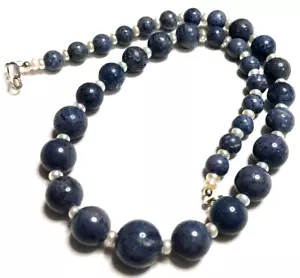 Graduated Beaded Necklace Blue Lapis Lazuli 17" Sterling Clasp Fresh Water Pearl - Picture 1 of 5