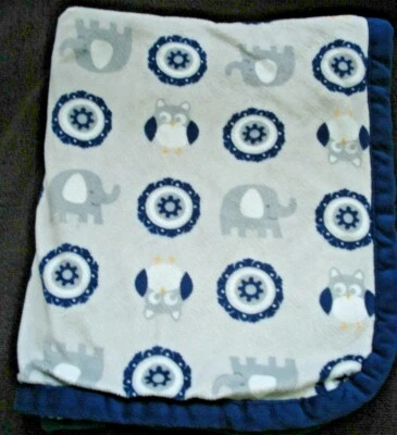 Blankets and Beyond Infant Blanket Blue Gray Owls Elephants - Image 1 of 4