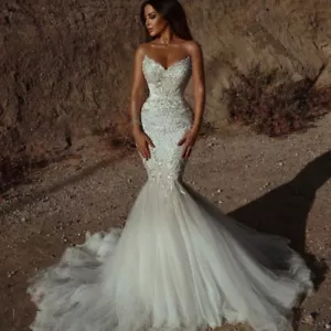 Luxury Mermaid Wedding Dresses Tulle Lace Applique Beaded Crystals Bridal Gowns - Picture 1 of 8