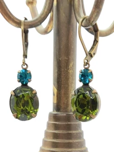 Vintage-style Olive Green & Aqua Blue Rhinestone Dangle Earrings, 1" - Picture 1 of 6