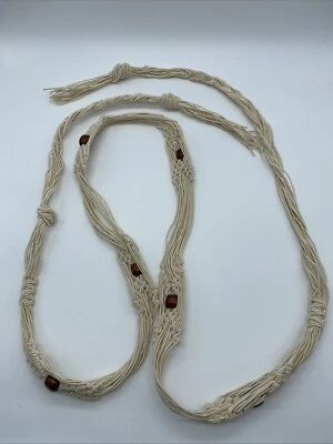Boho Cotton Woven Cream Thread String Brown Bead Belt Women's Size L 63" End-End - Image 1 of 4
