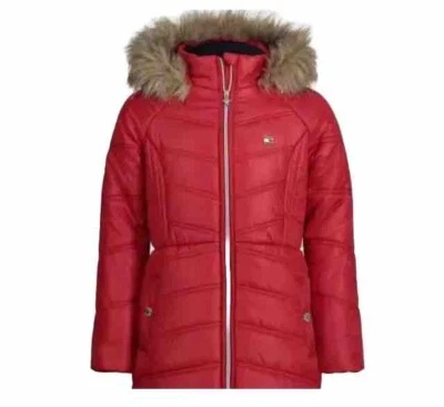 TOMMY HILFIGER Girls Puffer Jacket With Faux-Fur Hood Scarlet Sage NWT $110 - Image 1 of 4