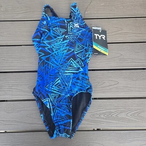 TYR Durafast Maxfit Elixir 1pc Swimsuit - Blue/black Youth Girls Size 22 New - Picture 1 of 3