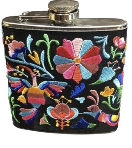 Fiaschetta Nera Colorata Ricamata ��Copri Acciaio Inox 6 OZ Donna Lady - Foto 1 di 11